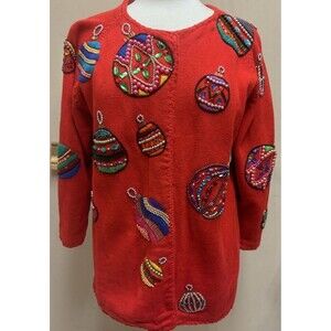 Vintage Michael Simon Ornament Beaded Christmas Sweater Cardigan Sz 2 Small XS